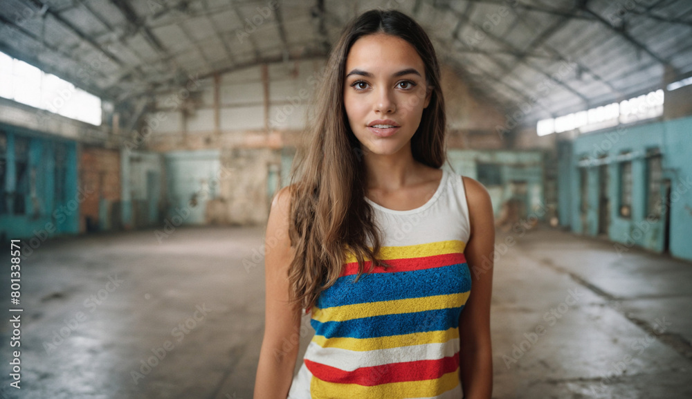 young woman aged 20 to 30, long brunette hair, summer tank top, standing in an old warehouse or sports hall or production hall, abandoned building with a round roof young woman aged 20 to 30, long brunette hair, summer tank top, standing in an old warehouse or sports hall or production hall, abandoned building with a round roof