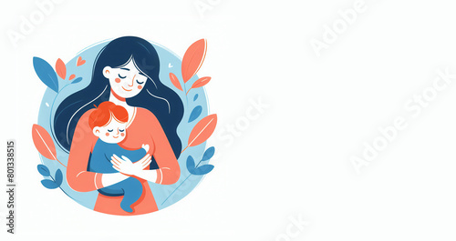 A young mother carrying and embracing her baby against a copy space background     Printable card design with space to add text. Concept of motherhood and newborn
