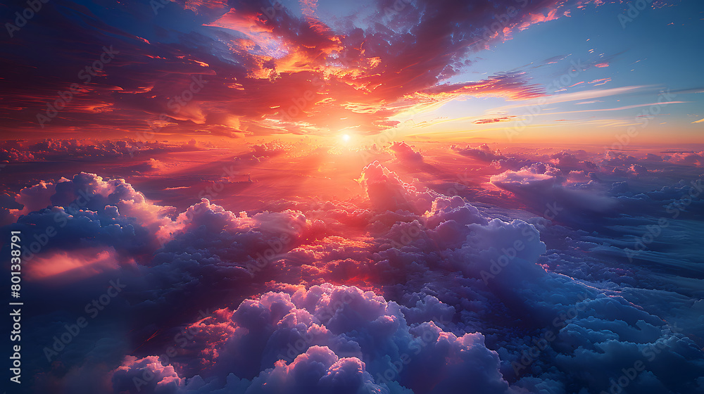A magnificent view of a radiant sunset seen above a sea of clouds, casting a warm glow over an expansive sky A magnificent view of a radiant sunset seen above a sea of clouds, casting a warm glow over an expansive sky