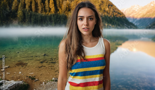 bad mood and being annoyed, bitchy, young woman standing by the lake in the mountains surrounded by forests, lost or lost, wilderness and helplessness in the modern world in nature photo