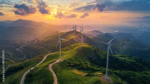 Renewable energy infrastructure, such as wind turbines and solar panels, as sustainable alternatives to mitigate the PM 2.5 dust crisis, maintaining naturalness in the portrayal of clean energy photo