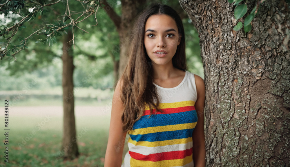Fototapeta premium Woman leaning on a tree at the edge of the forest or city park, nature and summer, light and sun rays, good mood, smiling