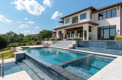 Beautiful pool with infinity edge and steps leading to the home, located in front of a large two story modern style mansion on a country club golf course © Kien