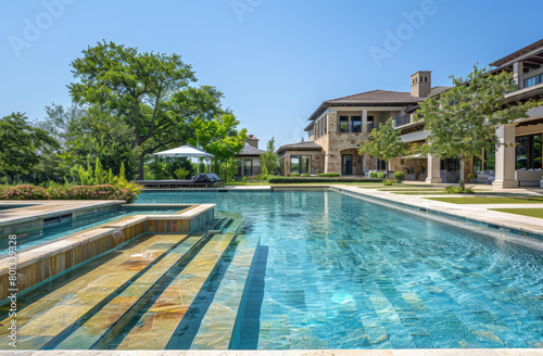 Beautiful pool with infinity edge and steps leading to the home  located in front of a large two story modern style mansion on a country club golf course