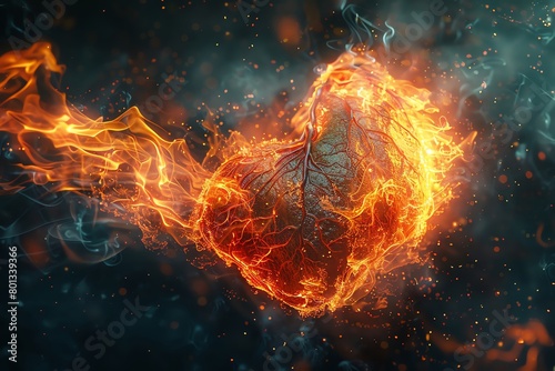 A hyper-realistic image of an anatomical Liver bursting with vibrant flames