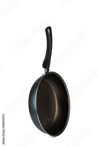 New frying pan with plastic handle insulated on white background. © svdolgov
