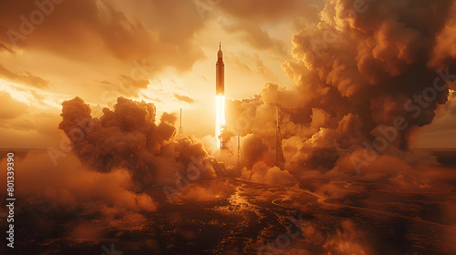 Captivating scene of a rocket blasting off through a dramatic cloud cover at sunset, creating a powerful backlight effect