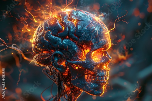 A hyper-realistic image of an anatomical Pituitary gland bursting with vibrant flames photo