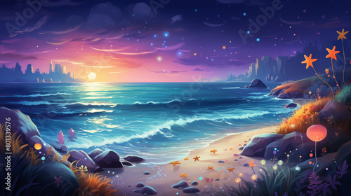 A serene night beach scene under a starlit sky, where gentle waves kiss the shore amidst the cosmic glow.