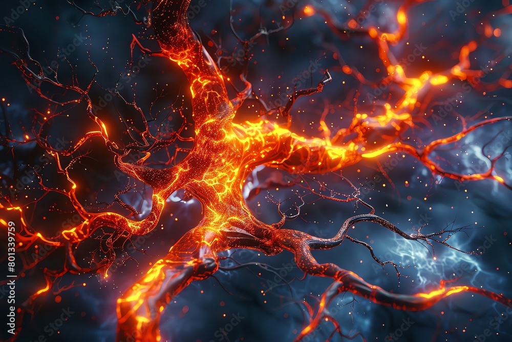 A hyper-realistic image of an anatomical Capillaries bursting with vibrant flames A hyper-realistic image of an anatomical Capillaries bursting with vibrant flames