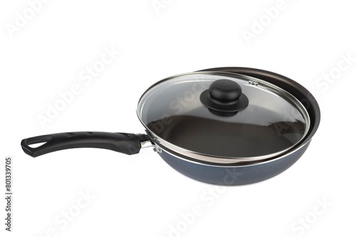 New frying pan with glass lid on white background. © svdolgov