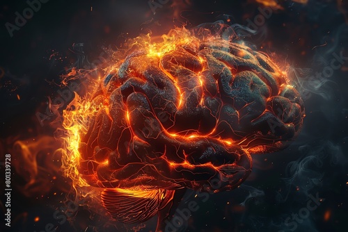 A hyper-realistic image of an anatomical Amygdala bursting with vibrant flames photo