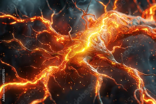 A hyper-realistic image of an anatomical Capillaries bursting with vibrant flames