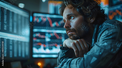 Intense male analyst with furrowed brow deeply concentrating on analyzing financial data across multiple computer monitors in a dark room photo