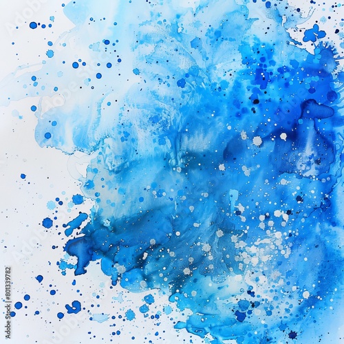 Watercolor abstract splash blue painting texture. White background. Closeup of electric blue watercolor splashes on white background.