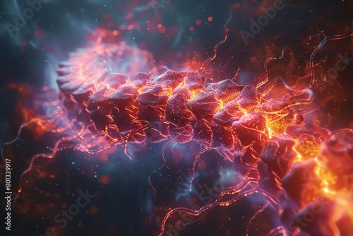 A hyper-realistic image of an anatomical Spinal cord bursting with vibrant flames © PrusarooYakk