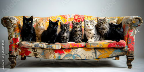 Lots of cats sitting looking forward on a large sofa