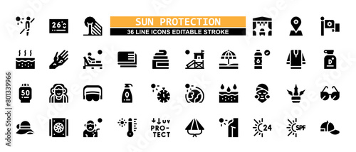36 Sun Protection Line Icons Set Pack Editable Stroke Vector Illustration.