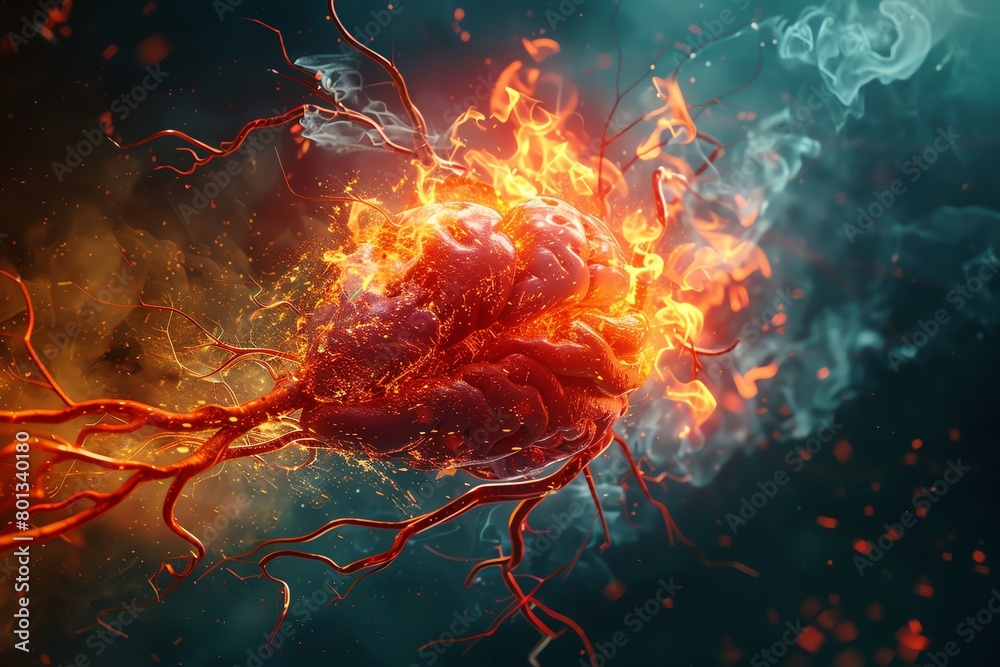 A hyper-realistic image of an anatomical Arteries bursting with vibrant flames A hyper-realistic image of an anatomical Arteries bursting with vibrant flames