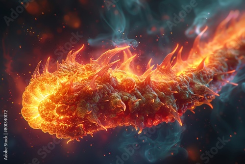 A hyper-realistic image of an anatomical Small intestine bursting with vibrant flames