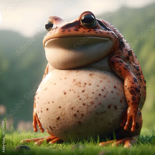 A frog with a large stomach and spots on its body is sitting in grass. photo