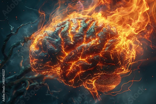A hyper-realistic image of an anatomical Cerebellum bursting with vibrant flames photo