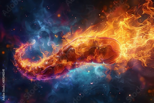 A hyper-realistic image of an anatomical Pancreas bursting with vibrant flames photo