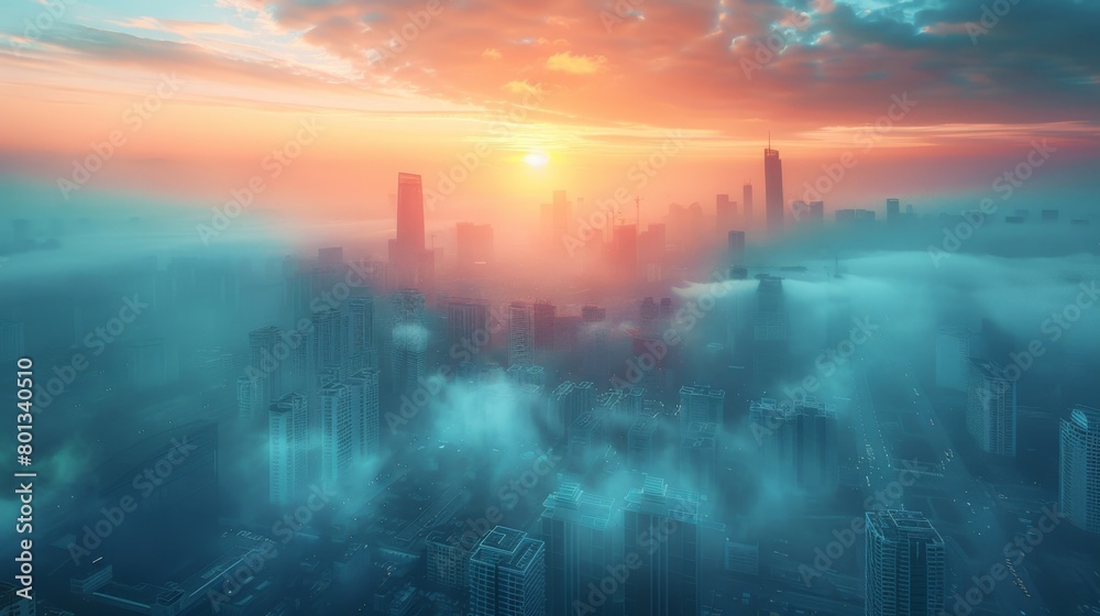 Based on the detailed description you've given, the image would depict a dynamic urban scene showcasing both sunrise and sunset over a city, with industrial elements such as factories and chimneys