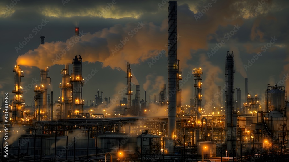 Fototapeta premium Illuminated industrial complex against a twilight sky