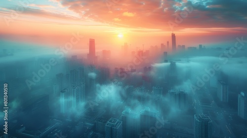 Based on the detailed description you've given, the image would depict a dynamic urban scene showcasing both sunrise and sunset over a city, with industrial elements such as factories and chimneys