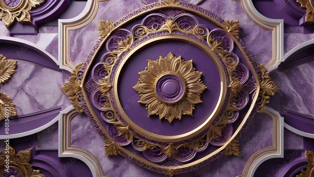 The mandala. Luxury purple wall with gold ornament.
