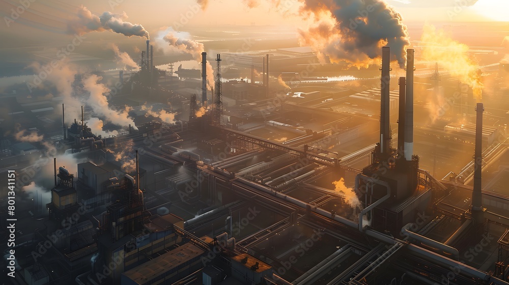 Industrial dawn with steaming factories under a glowing sky