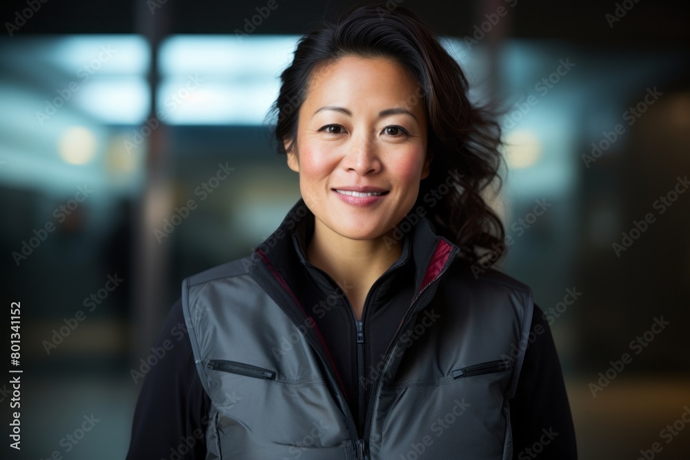 Portrait of a merry asian woman in her 40s dressed in a water-resistant gilet on modern minimalist interior Portrait of a merry asian woman in her 40s dressed in a water-resistant gilet on modern minimalist interior
