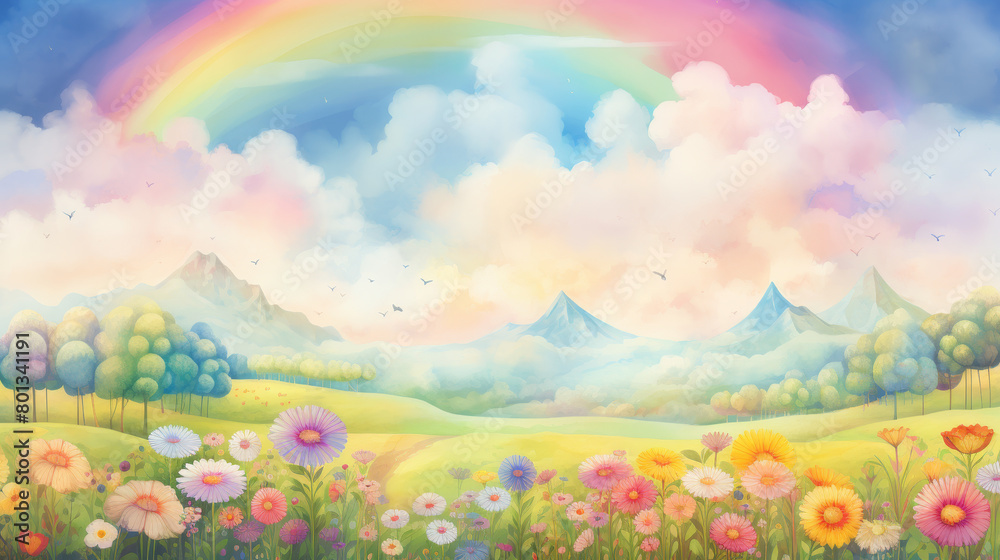 A vivid landscape painting, showcasing lush greenery under a brilliant rainbow stretching across a clear, blue sky.