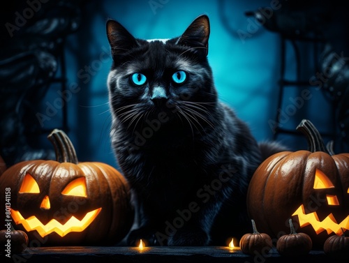 A black cat is sitting in front of two jack-o'-lanterns