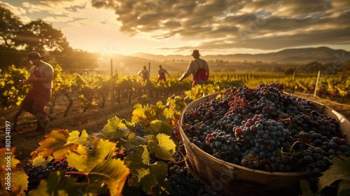 Vineyard Harvest: A real photo shot capturing the harvest season in vineyards, where workers handpick ripe grapes amidst the natural beauty of the vineyard landscape. photo