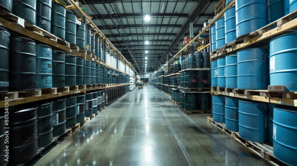 Warehousing and Storage: A real photo shot depicting the storage and warehousing of agricultural chemical products in secure and controlled environments, ensuring product integrity and shelf life.