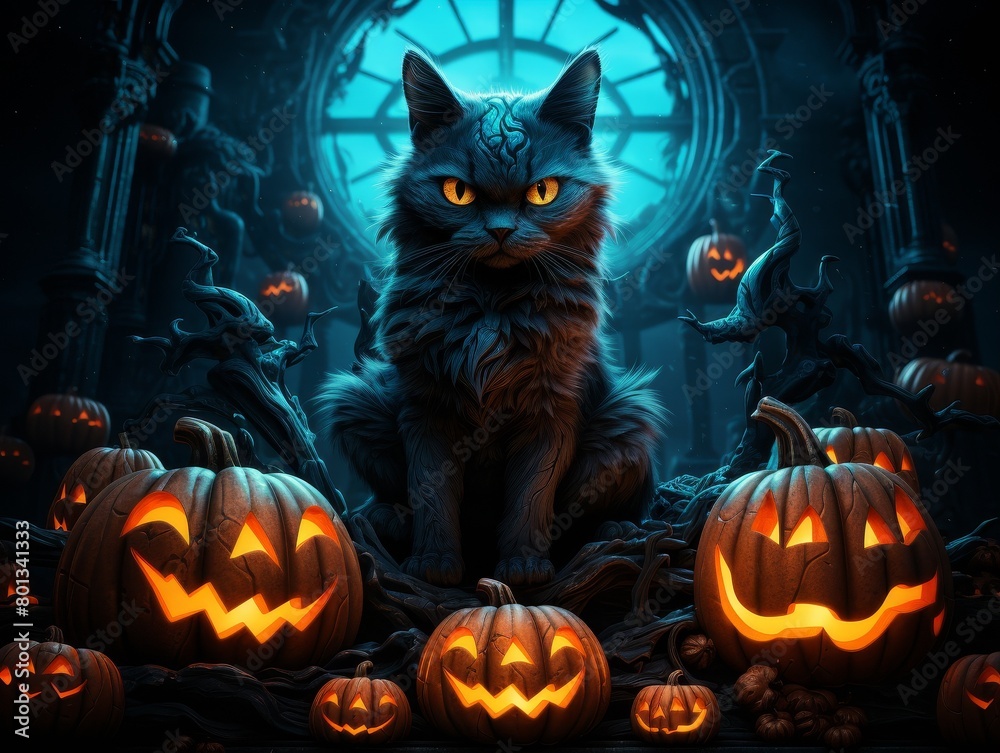 A black cat is sitting in front of a blue moon A black cat is sitting in front of a blue moon