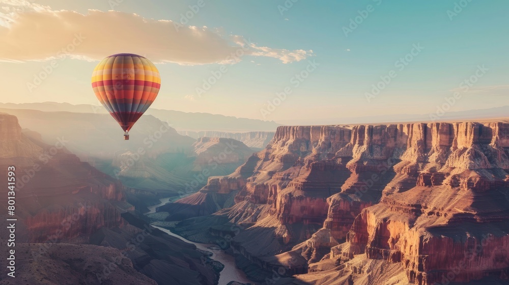 Naklejka premium Hot air balloon floating over Grand Canyon with copy space area.