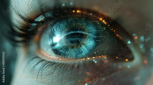 extreme close up matrix human eye halogram background, technology concept Generative ai photo