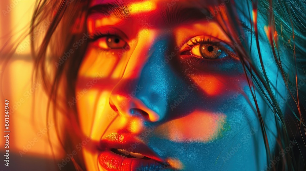 Close up portrait of a beautiful young woman with neon light on her face.
