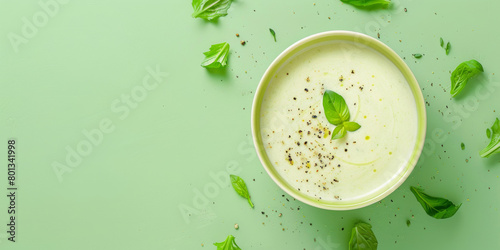 A bowl of spinach cream soup with green herbs on top. Free space for product placement or advertising text.
