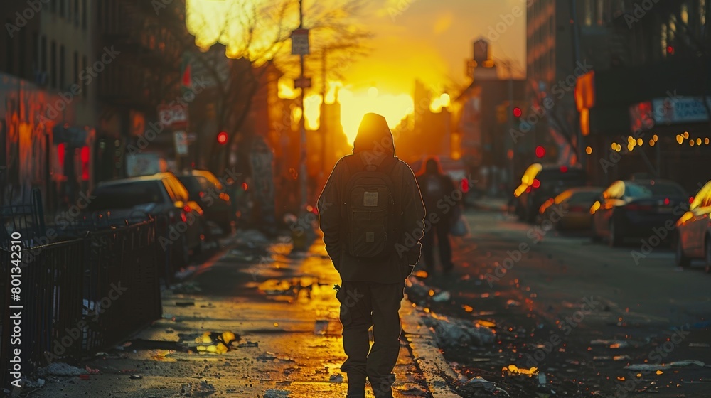 Person Walking Down a Street at Sunset. Generative AI