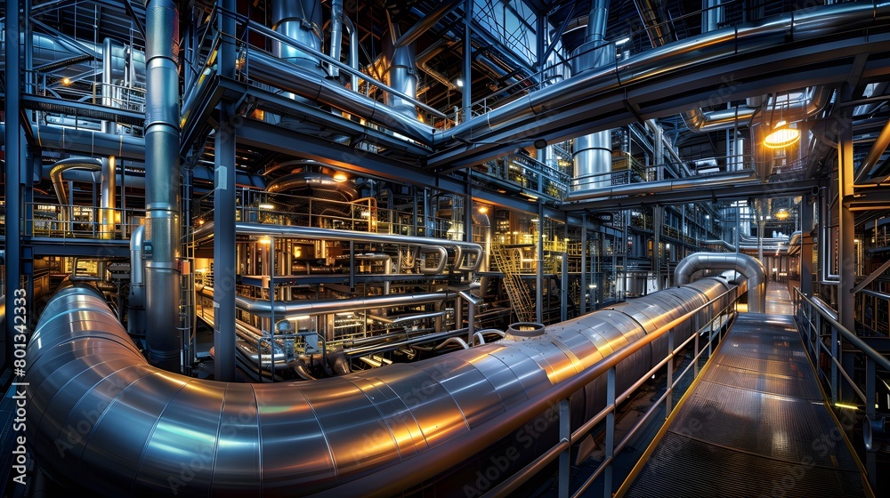 Intricate network of pipes and machinery inside an industrial plant
