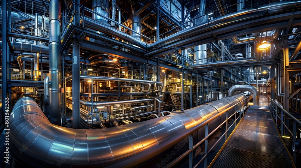 Intricate network of pipes and machinery inside an industrial plant Intricate network of pipes and machinery inside an industrial plant