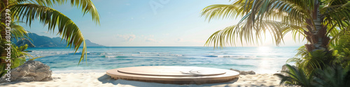 Round wooden podium or dance floor on the sandy beach of a tropical island.