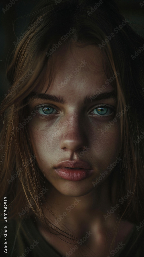 close-up, editorial photograph of a 21 year old woman, background inside dark, moody close-up, editorial photograph of a 21 year old woman, background inside dark, moody