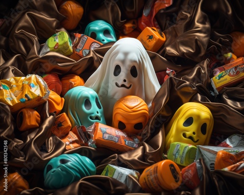 A group of cute ghosts are playing in a pile of colorful candies.