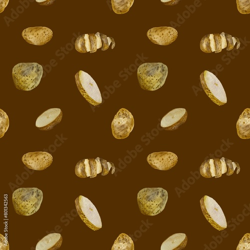 Potato whole cut half watercolor brown pattern 