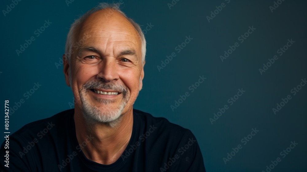 Portrait of an every day man, bald and smiling against a solid blue background Portrait of an every day man, bald and smiling against a solid blue background